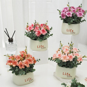 Eucalyptus Mini Rose Artificial Plant Set With Ceramic Pot Desktop Decorative Craft <b>Ornament</b> For Indoor Home Decoration - Product Image 1