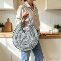 Bolso de Hombro Redondo de Color Sólido, Tejido con Cuerda de Algodón, Bolso Tote de Ganchillo Hecho a Mano, Bolso Grande Informal para Damas, para Salidas Diarias