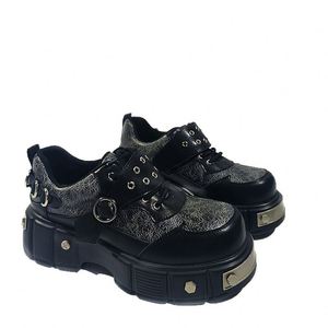 Punk Platform <b>Shoes</b> Cracked Texture Patchwork Upper Metal Eyelet D‑Ring Buckle Decor Chunky Sole Lace‑up Hook‑and‑Loop <b>Shoes</b> - Product Image 4