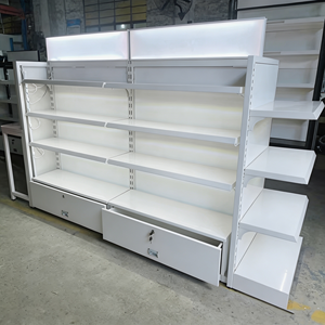 Présentoir cosmétique rose métallique double face avec étagères réglables pour supermarché de beauté - Product Image 1