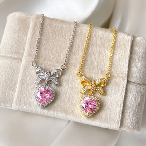 Yeni takı seti pembe kalp taş <span class=keywords><strong>Cz</strong></span> zirkon gümüş ilmek kolye ve küpe seti - Product Image 4