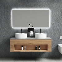 Meuble-lavabo mural double de grande taille de luxe européen Meuble-lavabo moderne en céramique et verre résistant à l'eau avec LED en acier inoxydable