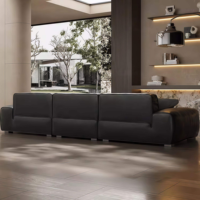Grand canapé en cuir noir italien minimaliste, canapé design moderne et minimaliste en ligne droite, idéal pour grand salon de villa