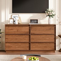 Commode à 6 tiroirs cannelée de style Mid-Century en bois, meuble de rangement large pour chambre et salon