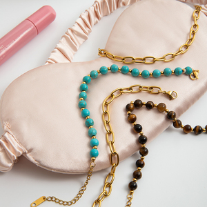 Moda delicada 18K <span class=keywords><strong>oro</strong></span> Acero inoxidable 2 piezas Ojo <span class=keywords><strong>de</strong></span> Tigre turquesa empanado pulsera amor turquesa mano cadena pulsera - Product Image 3