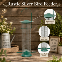 Mangeoire à oiseaux en cage longue en bronze/vertigrine avec dôme, tube central pour graines et poignée de suspension – Écologique et résistante à la rouille pour le jardin