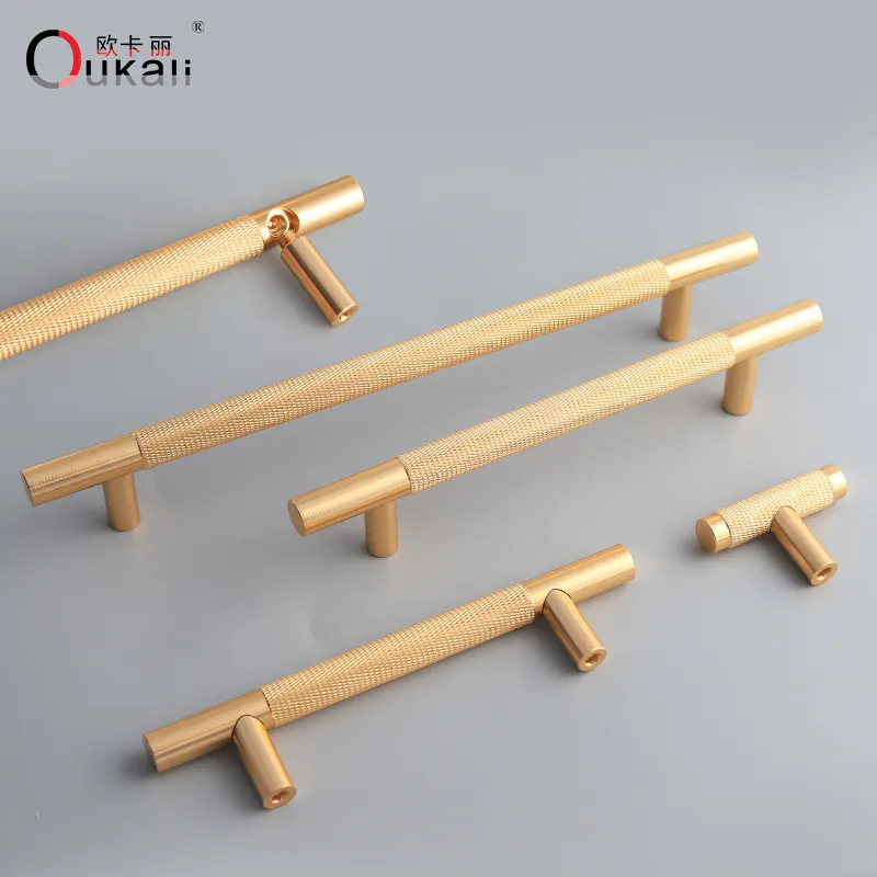 Oukali American New Aluminum Knurled Simple Gold T Bar 128mm Furniture cupboard Wardrobe Cabinet wardrobe Door Pull Handles