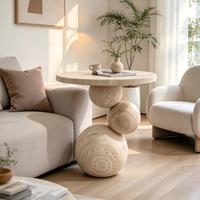 Table d'appoint moderne en travertin à 3 boules superposées, table basse ronde en pierre beige naturelle pour canapé, coin ou décoration de chambre