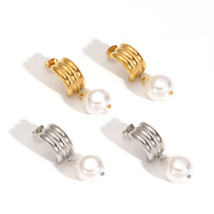 Pearl Huggie Earrings <b>Titanium</b> Steel <b>Studs</b> For Women Everyday Wear Geometric Design TE60048 G S - Product Image 5