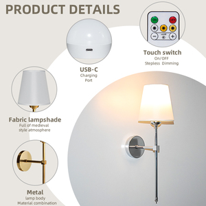 <span class=keywords><strong>Applique</strong></span> murale d'intérieur dorée RGB à intensité variable sans fil, fonctionnant sur batterie, avec télécommande, lot de 2 lampes murales rechargeables - Product Image 4