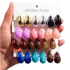 مجموعة أقراط أكريليك بوهيمية ملونة بتصميم دمعة من 3 أزواج للحفلات والطلاب بأسلوب الهيب هوب - Product Image 1