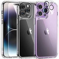 Pour i18pro [5 en 1] pour iPhone 14 Pro Coque transparente, avec 2X protection d'écran en verre trempé + 2X protection d'objectif d'appareil photo, coque de téléphone antichoc
