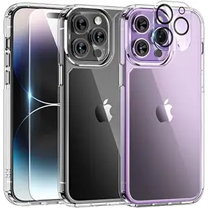 [5 in 1] for iPhone 14 Pro Case Clear, with 2X Tempered Glass Screen Protector + 2X Camera Lens Protector,Shockproof phone case