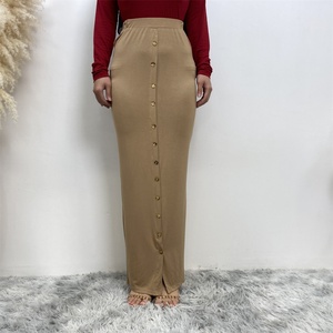 6060 #   กระโปรงทรงดินสอผ้าฝ้ายยืดหยุ่นเต็มตัวสำหรับฤดูร้อน ความยาวคลุมเข่า สไตล์อิสลาม สำหรับผู้หญิงทำงาน ตกแต่งด้วยกระดุมสีทอง - Product Image 6