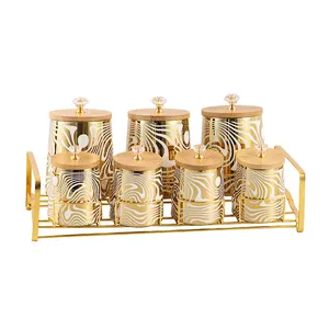 Home Kitchen Luxury Gold 7pcs Round Tea Coffee Sugar Salt Storage Jar Ceramic Spice Canisters Set with Bamboo Lid