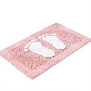 ITHL <b>Pink</b> Chenille Eco-Friendly Bath Mat with White Floral Design Rectangle Absorbent Knitted Cute American Style for Bathroom - Product Image 1