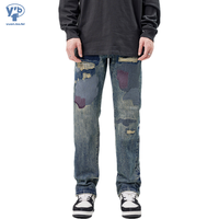 Jean Rétro Déchiré YUANBOFEI pour Homme – Pantalon Slim Droit Tendance avec Broderies Personnalisées et Patchs Effilochés