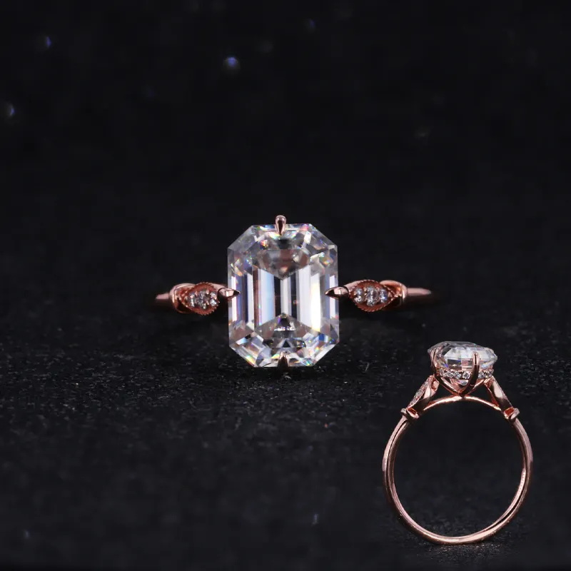 14k rose gold vintage style windmill emerald cut 7x9mm moissanite and lab grown diamond side stones jewelry ring