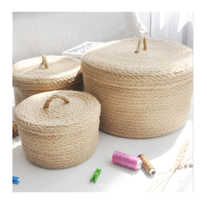 Household Desktop Storage Organizer Jute Rope Key Sundries Woven Storage Basket with Lid