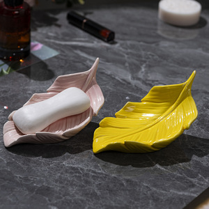 Ruijie Leaf-Shaped Ceramic Soap Dish Drainable For Bathroom Home Use Deck Mount Pink White Yellow - Product Image 2