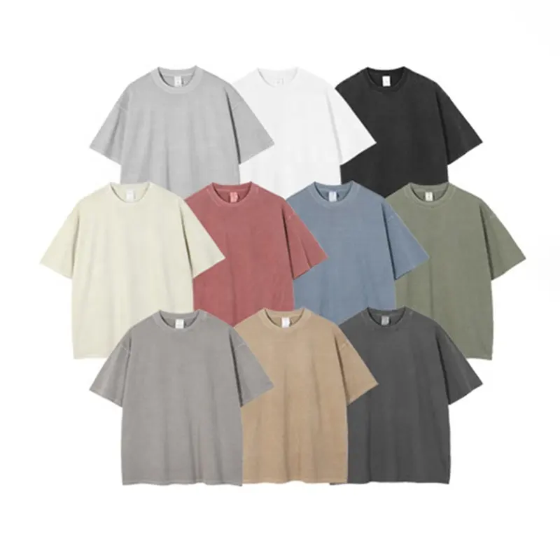 MOQ 1PCS 10 색 로고 맞춤형 T 셔츠 레디 스톡 250Gsm 면 빈티지 헤비웨이트 플러스 US 사이즈 산성 워싱 티셔츠 남성용