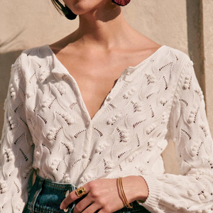 Cardigan Corto da <span class=keywords><strong>Donna</strong></span> Bianco con Maniche Lunghe Traforate all'Uncinetto, Produzione Personalizzata - Product Image 1