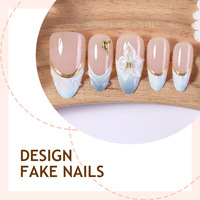 Faux Ongles à Presser 3D en Gel Bleu Amande Moyen avec Motifs Floraux et Paillettes – Design Avancé pour Manucure Française