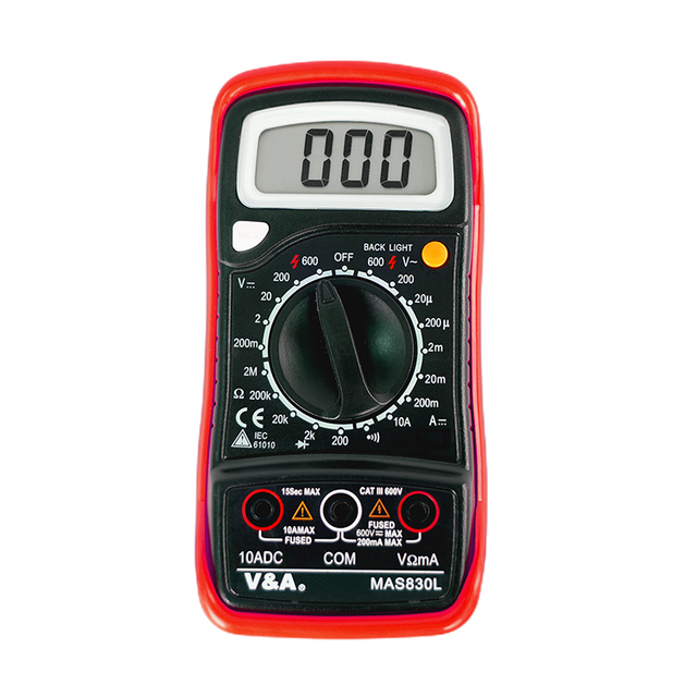 VA MAS830L Handheld Digital Multimeter LCD Backlight Portable AC/DC Ammeter Voltmeter Ohm Tester CATIII 600V Safety Manual Range