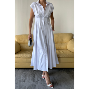 Vestido blanco sin mangas de popelina con botones frontales y detalle de pliegues en la cintura, largo midi informal, talla S - Product Image 4