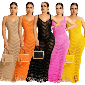 Último diseño verano playa lleva correa de punto Bikini traje de baño ganchillo borla Bikinis y ropa de playa Sexy Maxi Vestido de playa - Product Image 1