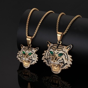 316L Stainless Steel <b>Iced</b> <b>Out</b> Tiger Pendant Necklace Gold Plated Rhinestone Hip Hop Cuban <b>Chain</b> Waterproof Tarnish-Free Jewelry - Product Image 3