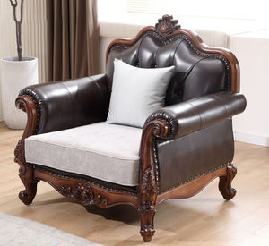 Set Sofa kulit dua warna antik, furnitur ruang tamu klasik Eropa dengan ukiran hiasan & pelapis campuran - Product Image 2