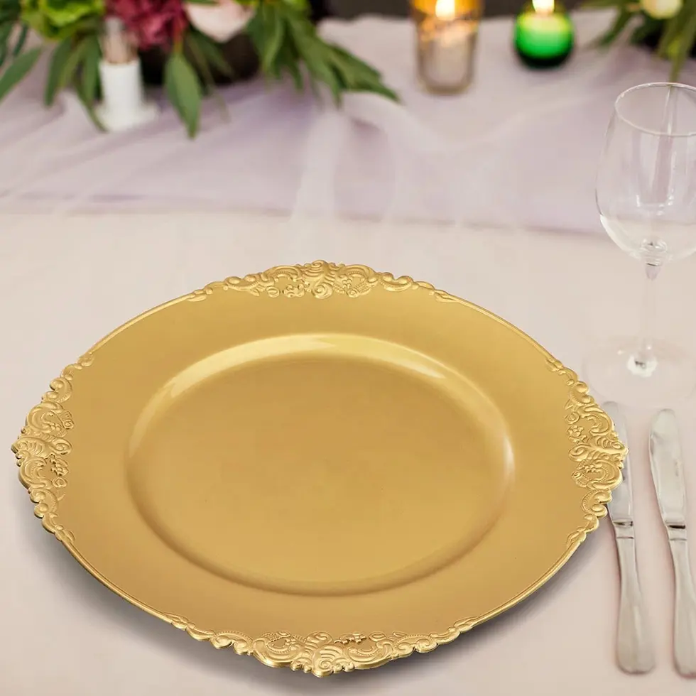 Durevole e robusto imballaggio per la casa in PP cibo con montatura in oro d'oro antico per cena piatti in plastica da 13 pollici