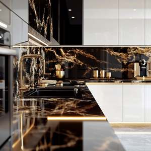 Ensemble de cuisine modulaire moderne personnalisable, armoires grises de Chine, pierre frittée, acier inoxydable, MDF, avec îlot, table, évier - Product Image 2