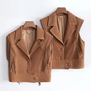 Jancoco Custom Real Sheepskin Leather Waistcoat Suede Leather Vest Women with Tassel