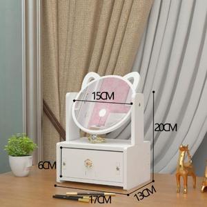 Multifunctional Wood Luxury White Round <b>Mirror</b> Nordic Cosmetic Storage Box Makeup Organizer with Cat Ears with <b>Mirror</b> - Product Image 3