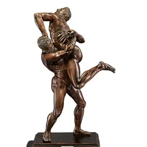 Western brass two nude men sculpture bronze sculpture of a man wresting another man statue