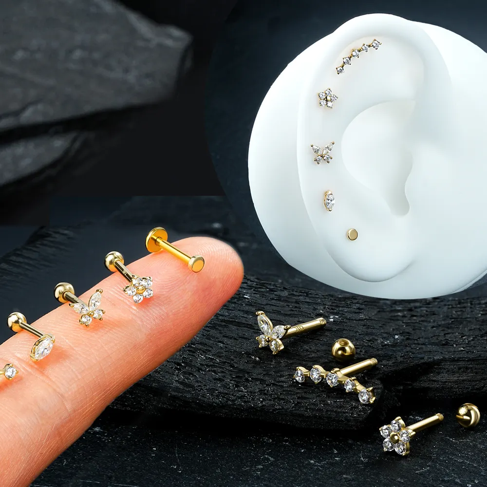 Piercing para cartílago de oro sólido amarillo de 14K, piedra de circonia cúbica transparente, forma de mariposa interna, caracola, hélice, oreja