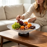 Hittebestendige glazen fruitschaal serveerplateau set met houten onderstellen, geribbelde presentatieschalen voor feesttafels