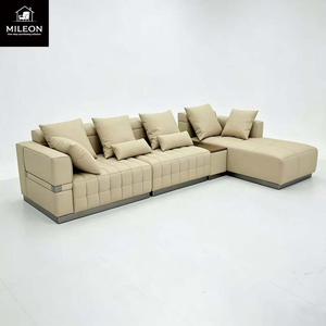 Ensemble de canapés sectionnels en forme de L modernes en cuir <span class=keywords><strong>beige</strong></span>, canapé modulaire pour salon avec table d'appoint, meubles de luxe pour villa, maison, hôtel - Product Image 4
