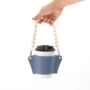 Portable Outdoor Handle Paper Cup Holder Pearl Chain Anti Scald Creative Pu Leather Coffee Cup Sleeve
