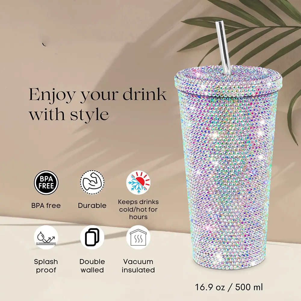Bicchiere di cristallo di lusso con strass in acciaio inox tazza di acqua diamante tazze da caffè con coperchio e paglia 450ml