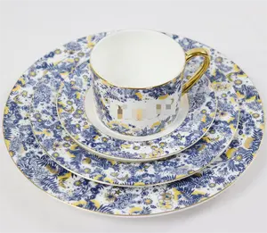 Promotion D series blue and white pattern ceramic cup and saucer steak plates household bone china 4-piece tableware set