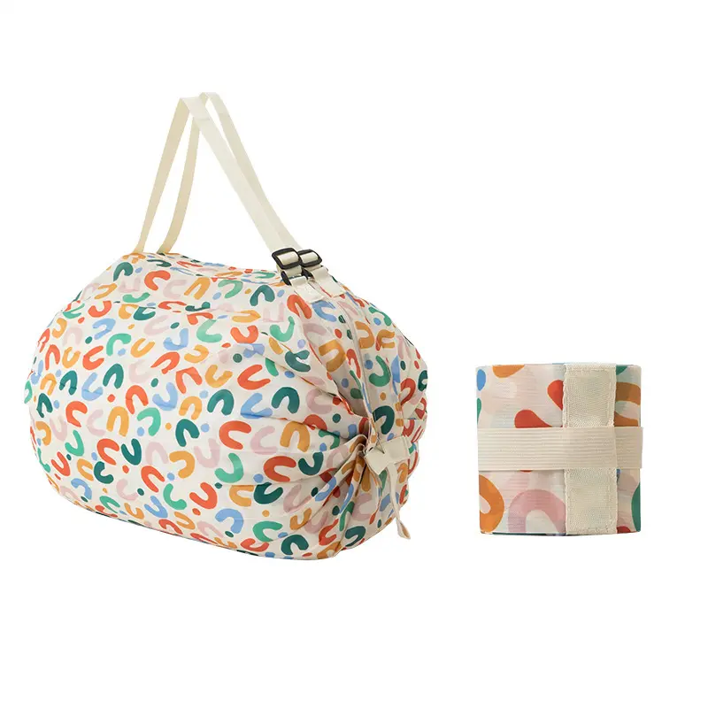 Lifestyle Sublimation Printing Reusable Folding Grocery Bag Portable Zipper Shoulder Bag Custom Nylon Shopping Bag With Strap