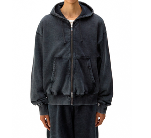 Venta al por mayor de los hombres personalizados Stonewashed Zip up Hoodie Distressed Logo Print con Oversize Acid Wash Zipper Puff Technics Hoodies - Product Image 1