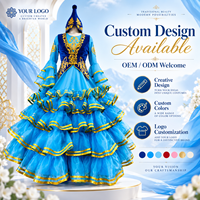 Costume de scène ethnique bleu professionnel pour femmes, robe de danse folklorique à plusieurs couches et volants avec broderie dorée