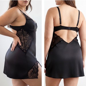 Chemise de nuit en satin et dentelle pour <span class=keywords><strong>femme</strong></span> <span class=keywords><strong>grande</strong></span> <span class=keywords><strong>taille</strong></span>, col en V, fente latérale, avec soutien-gorge push-up intégré - Product Image 5