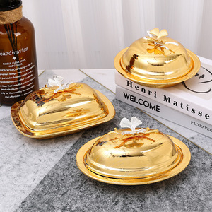 Goldene Runde Butterdose Europäischer Stil Abgedeckte Obstschale Hochwertige Casual Trockenobstschale Snackteller Mit Deckel - Product Image 1