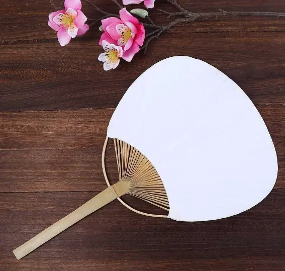 सफेद पैडल प्रशंसक रिक्त पैटर्न गर्मियों बांस हाथ कागज के पंखे के साथ लंबे हैंडल सजावटी चीनी प्रशंसक के साथ