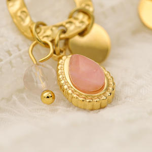 Pendientes de aro retro de gama alta que tocan metal texturizado con colgantes de piedra natural Joyería de acero inoxidable de moda - Product Image 5